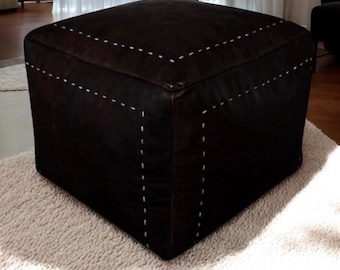 Handmade Moroccan Leather Pouf Ottoman: Square Footstool, Boho Decor (Unstuffed)