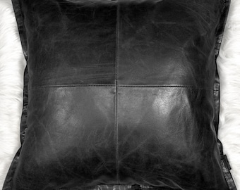 Funda de almohada de cuero negro hecha a mano: cojín marroquí