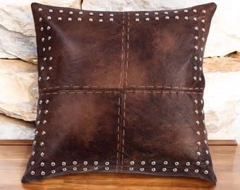 Funda de almohada de cuero marroquí hecha a mano: cojín decorativo marrón oscuro