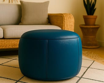Handmade Moroccan Round Leather Pouf : Blue Leather Ottoman Footstool (Unstuffed)