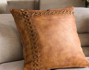 Funda de almohada de cuero marrón hecha a mano: cojín marroquí