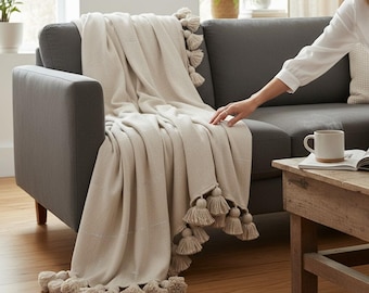 Manta marroquí tejida a mano: funda de cama bohemia hecha a mano con borlas