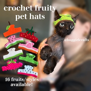 May include: A Sphynx cat wearing a green and brown crochet fruit hat. The image displays various colorful crochet pet hats in the shape of fruits, including an orange, strawberry, and watermelon. Text reads "crochet fruity pet hats" and "16 fruits/styles available!"