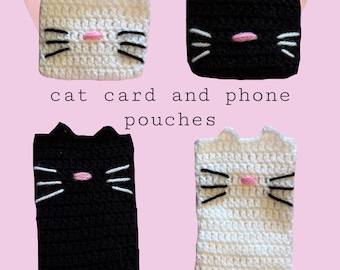 Tarjeta y funda para teléfono de gato a crochet: Monedero de gatito hecho a mano - Ideas de regalo para amantes de los gatos