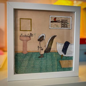 May include: A watercolor illustration of a skunk wearing a white bathrobe standing in a bathroom with a sink, a bathtub, and a green tiled floor. The skunk is spraying water from its nose.