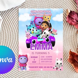 Gabby&#39;s Dollhouse Invite - Kids Birthday, Dollhouse Birthday, Editable Template, Dollhouse Party Invitation, Digital Invitation