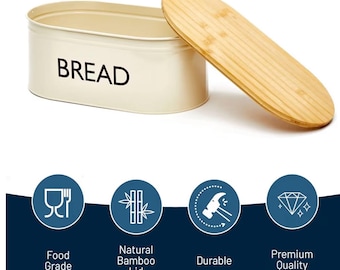 Cream Metal Bread Box with Bamboo Lid - Vintage Kitchen Decor