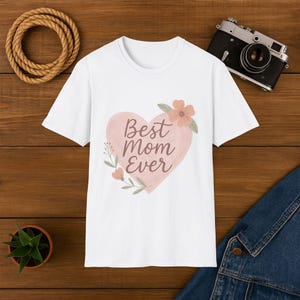 Best Mom Ever Softstyle T-Shirt, Cute Mother&#39;s Day Gift, Floral Heart Design,  Elegant Mom Gift Design, Watercolor Heart Mom Shirt,