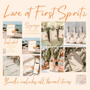 Liebe auf den ersten Spritz Brautdusche Bündel | Bearbeitbare Canva-Vorlagen | Einladungen, Schilder, Menüs, Geschenkanhänger & mehr