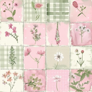 Peut inclure: Un motif de tissu patchwork composé de seize panneaux carrés alternant des illustrations de fleurs sauvages, des lavis aquarelle rose tendre et des carreaux vichy vert sauge, séparés par une bordure en pointillé noir.