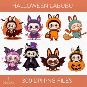 Kawaii Halloween Labubu PNG Bundle: Monster Doll Clipart (Digital Download)
