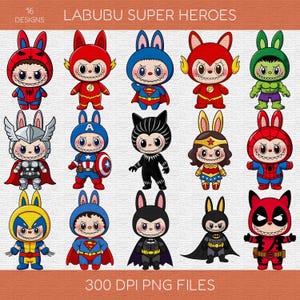 Superheroes Kawaii Labubu Png Bundle, Labubu PNG Clipart Bundle, Labubu Monsters Png, Cute labubu Characters png, Funny Cartoon La bubu Png