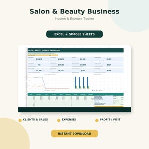Op de afbeelding: Een digitaal dashboard voor inkomsten- en uitgavenbeheer voor salon- en beautybedrijven, geschikt voor Excel en Google Sheets. De interface toont financiële statistieken, afspraakgegevens en grafieken voor visuele analyse.