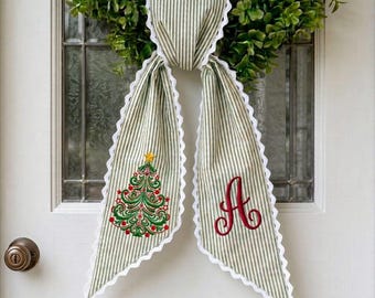 Monogram Christmas Wreath Sash, Embroidered Tree Holiday Door Ribbon, Personalized Front Door Sash, Custom Holiday Home Decor