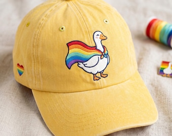 Super Gay Pride Duck Hat, Rainbow Cape Goose Embroidered Baseball Cap, Funny LGBTQ Queer Gift, Vintage Washed Pride Month Accessory