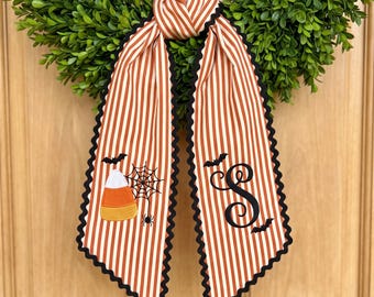 Personalized Halloween Wreath Sash, Candy Corn Monogram Bow, Embroidered Ric Rac Scarf