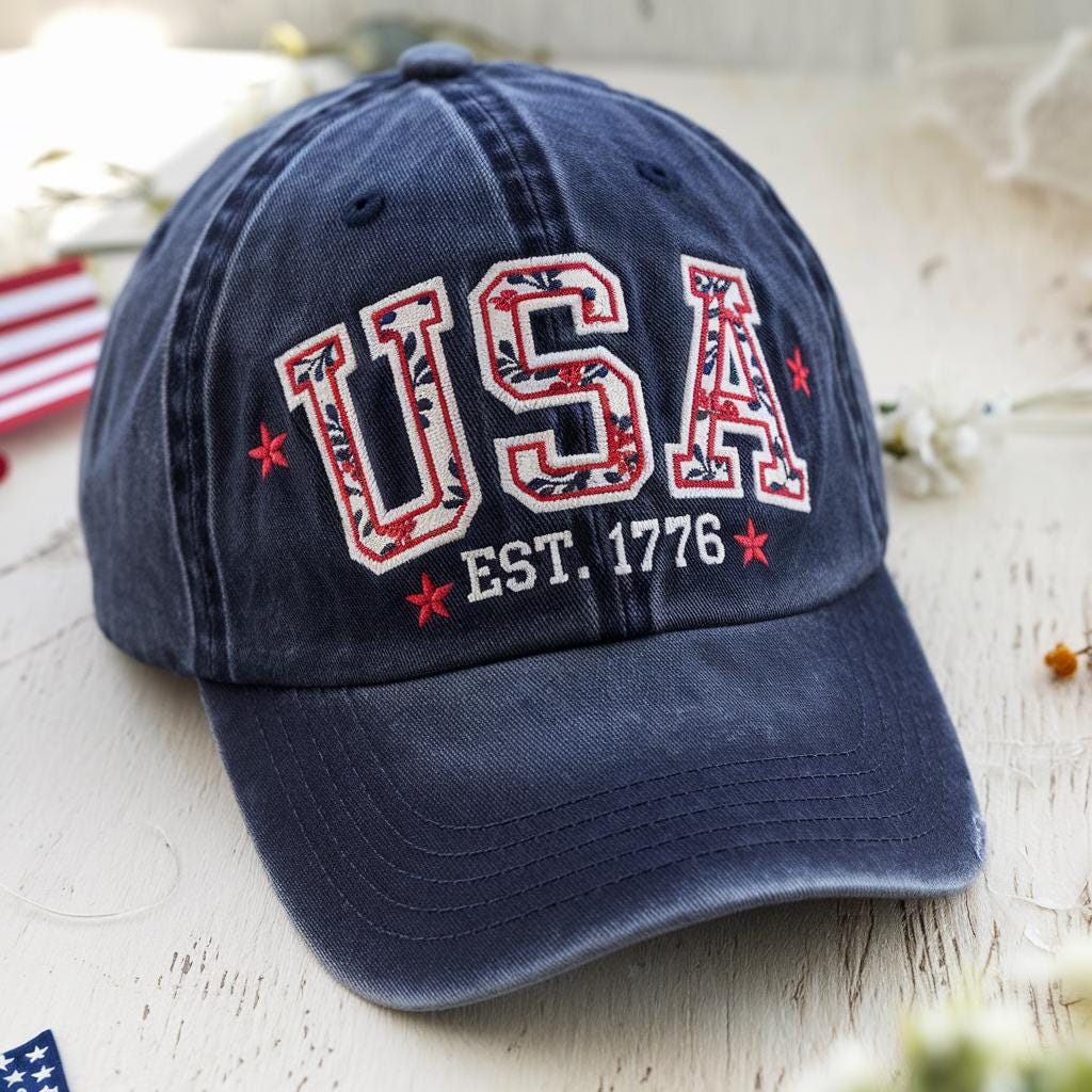 Floral Embroidered USA Dad Hat: Patriotic Navy Baseball Cap