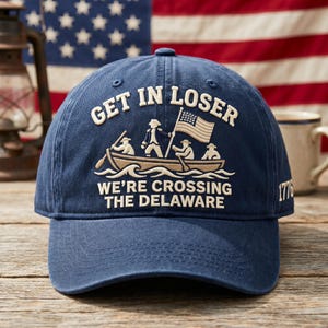 K&ouml;nnte beinhalten: Marineblaue Baseballkappe mit dem Text "GET IN LOSER" &uuml;ber einem Bild eines Bootes, das den Delaware River &uuml;berquert. Der Text "WE'RE CROSSING THE DELAWARE" befindet sich unter dem Boot. Das Jahr "1776" ist auf der Seite.