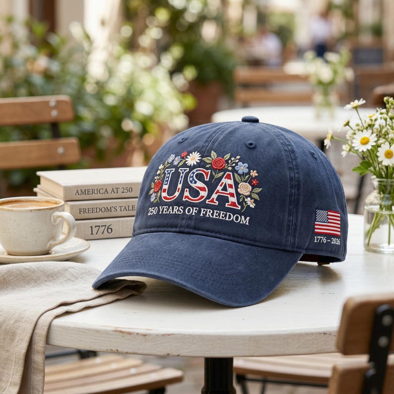 Op de afbeelding: Een marineblauwe baseballcap met geborduurde bloemen en tekstdetails. Het woord "USA" staat prominent afgebeeld, samen met "250 Years of Freedom" en een kleine Amerikaanse vlag. De cap ligt op een witte tafel.