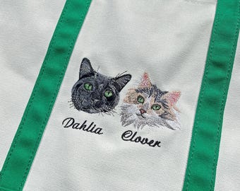 Custom Embroidered Pet Portrait Canvas Tote Bag, Dog Cat Gift
