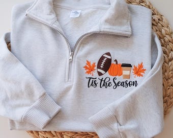 Embroidered Fall Football Quarter-Zip Sweatshirt: Customizable Sleeve