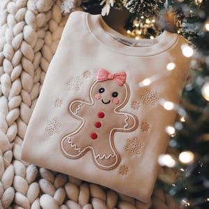 Christmas Gingerbread Woman Embroidered Sweatshirt, Festive Coquette Bow Shirt