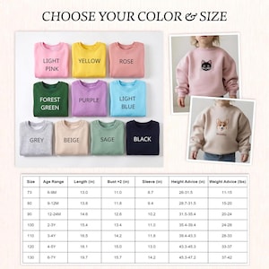 May include: A collection of long-sleeve crewneck sweatshirts in light pink, yellow, rose, forest green, purple, light blue, grey, beige, sage, and black. Includes a size chart with measurements in inches and pounds, plus photos of children wearing them.
