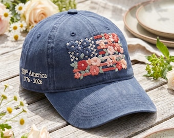 Gorra del 250 aniversario de EE. UU., sombrero patriótico con flores para mujer, gorra de béisbol con la bandera estadounidense y flores del 4 de julio, regalo del Día de la Independencia 1776-2026