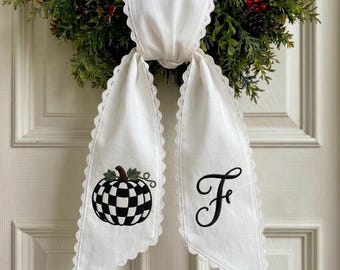 Monogram Wreath Sash, Checkered Pumpkin Fall Decor, Custom Embroidered Scalloped Autumn Door Hanger, Personalized Bow