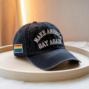 Make America Gay Again Hat, Embroidered Washed Dad Cap with Rainbow Flag , LGBTQ+ Pride Baseball Hat