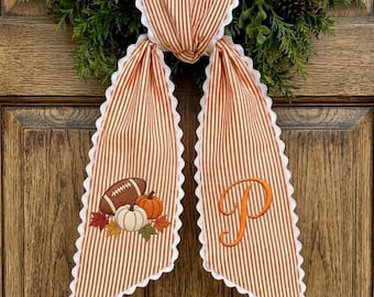 Fall Kick Off Wreath Sash, Football Pumpkin Embroidered Ribbon, Personalized Monogram Front Door Decor, Custom Logo And Text