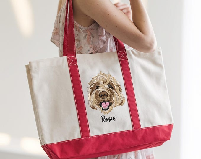 Custom Embroidered Dog Portrait Tote Bag: Personalized Pet Memorial
