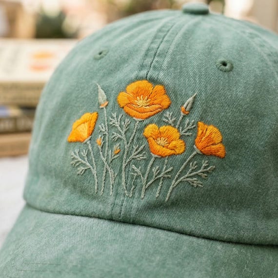 California Poppy Hat Womens Hats for Mom Embroidered Hat Dad Hat Cute Hat California Gift Poppy Art Perfect Gift for Mom Nature Lovers