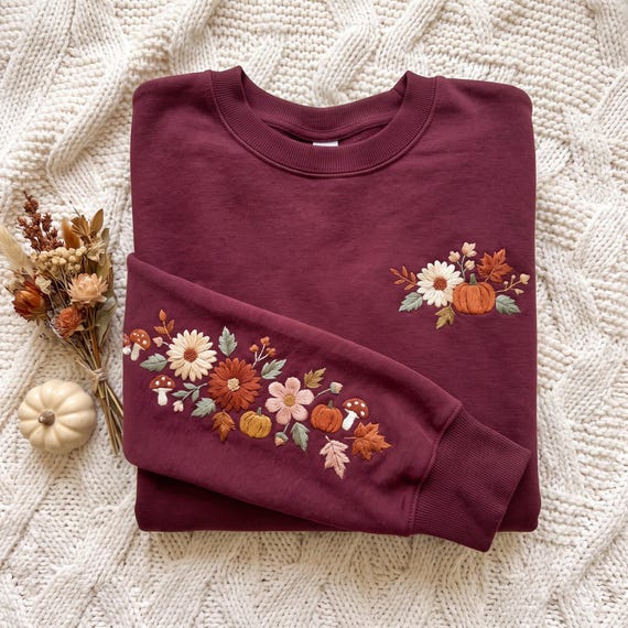 Embroidered Pumpkin Wildflower Sweatshirt, Autumn Floral Crewneck, Cottagecore Fall Sweater