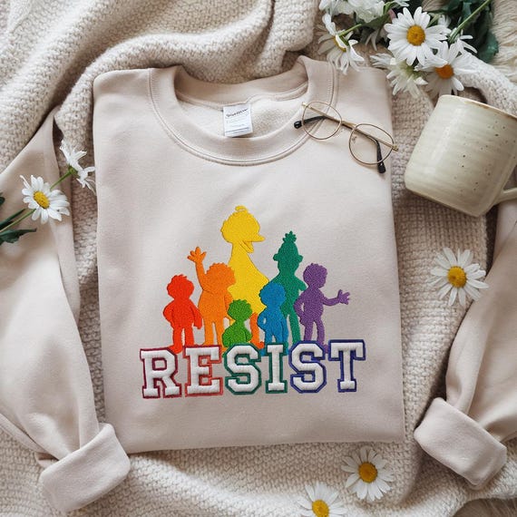 Rainbow Resist Embroidered Sweatshirt: Political Activist Pride Crewneck