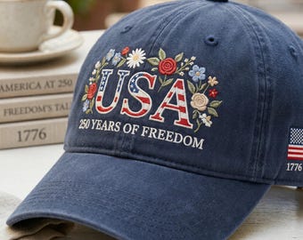 Embroidered USA Floral Baseball Hat, Patriotic Freedom Celebration Cap