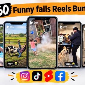 Puede incluir: Un paquete digital de 460 carretes de fallos divertidos mostrados en cinco teléfonos inteligentes. El texto 460 Funny fails Reels Bundle aparece en la parte superior. Debajo de los teléfonos están los logos de Instagram, TikTok, YouTube Shorts y Facebook.