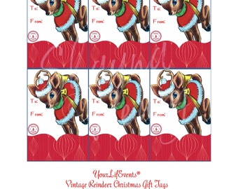 Vintage Style Holiday Christmas Gift Tags / Instant Download Reindeer/Rudolph Printable Gift Tags