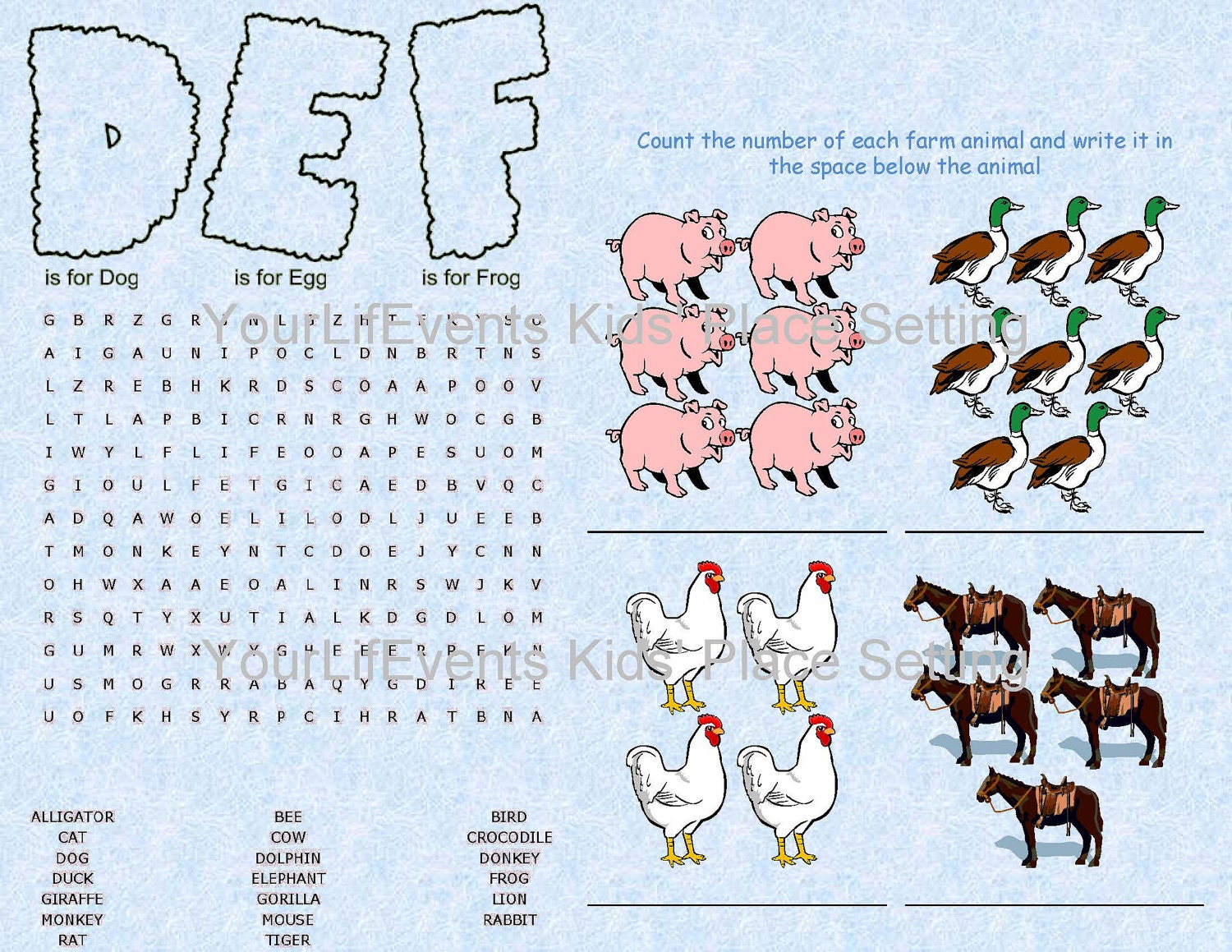 Kids' Printable Disposable Placemats / Instant Download Printable ...