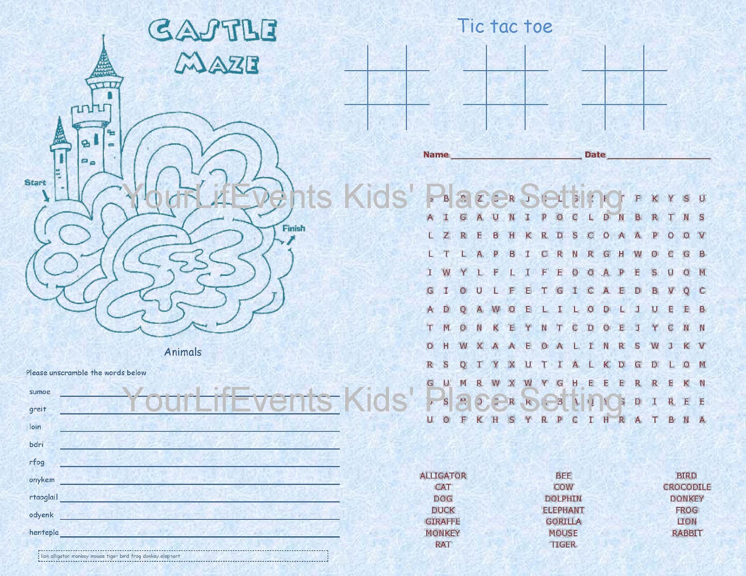 Kids' Printable Disposable Placemats / Instant Download Printable ...