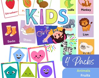 Leuke educatieve afdrukbare flashcards voor kinderen – 4 leerpakketten: dieren, fruit, vormen en dagelijkse items – digitale download