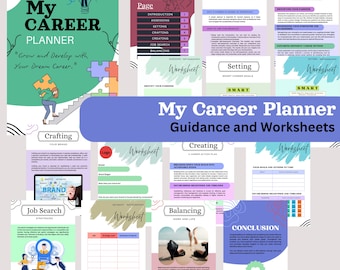 May include: A colorful printable career planner guide with worksheets. The guide includes sections on assessing your skills, setting goals, crafting your brand, creating a career action plan, job searching, balancing work and life, and a conclusion. The guide is designed to help you grow and develop your dream career.