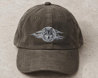 Embroidered Wolf Hat, Vintage Wolf Moon Cap, Wilderness Mountain Dad Hat, Wildlife Outdoor Baseball Cap