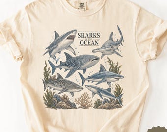 Vintage Shark Comfort Colors® T-Shirt, Sharks of the Ocean Shirt, Retro Marine Biology Wildlife Tee