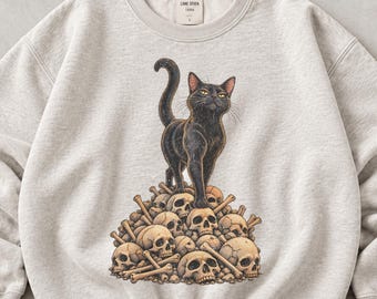 Vintage Black Cat Skull Sweatshirt & Hoodie, Gothic Cat Pullover, Retro Halloween Skeleton Crewneck for Cat Lovers