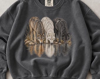 Vintage Wolves Drinking Sweatshirt & Hoodie, Retro Wolf Pack Wildlife Pullover, Woodland Nature Crewneck for Wolf Lovers