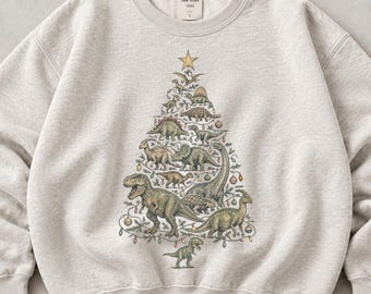 Vintage Dinosaur Christmas Sweatshirt & Hoodie, Retro Prehistoric Christmas Tree Pullover, Dinosaur Holiday Crewneck