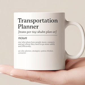 Transportplanerare definition mugg, rolig planerare present till stadsplaneringsproffs, civilingenjör kaffekopp, tack för nytt jobb