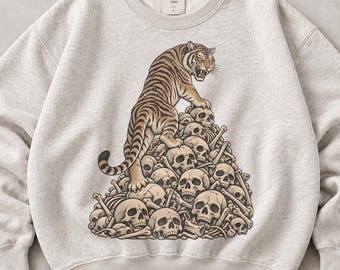 Vintage Tiger Skull Sweatshirt & Hoodie, Gothic Big Cat Pullover, Retro Tiger Skeleton Crewneck