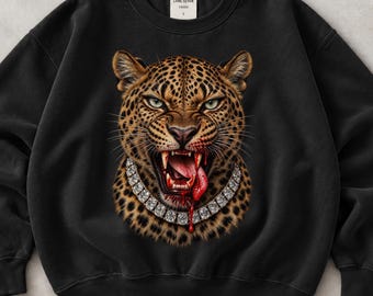 Leopard Sweatshirt & Hoodie, Fierce Big Cat Streetwear Pullover, Rhinestone Wildlife Crewneck